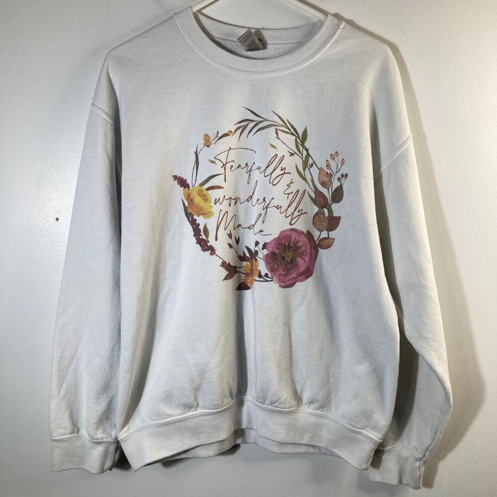 Womens Gildan Fearfully & Wonderfully Made Sweatshirt White M Cotton Poly